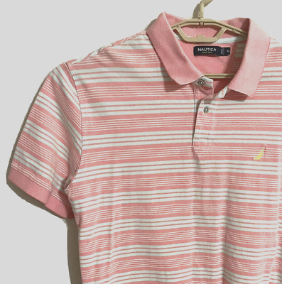 #ad NAUTICA Polo sailing logo shirt Mens XL Cotn Short slv Pink blu striped Cotton $8.77