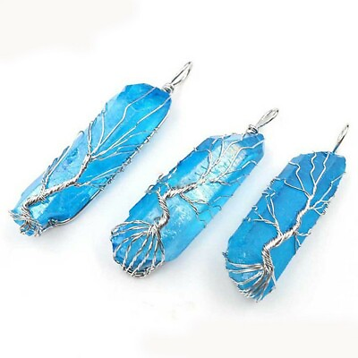 #ad Fire Natural Ocean Blue Titanium Drusy Silver Life Tree Pendants Necklaces Gift $8.00