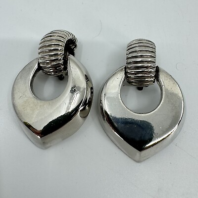 #ad VTG Signed Givenchy Paris NY Silver Tone Door Knocker Clip Earrings $34.99
