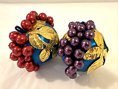 #ad 2 Vintage Handmade Blue Satin Gold Leaf Berries 3quot; Push Pin Christmas Ornaments $7.99