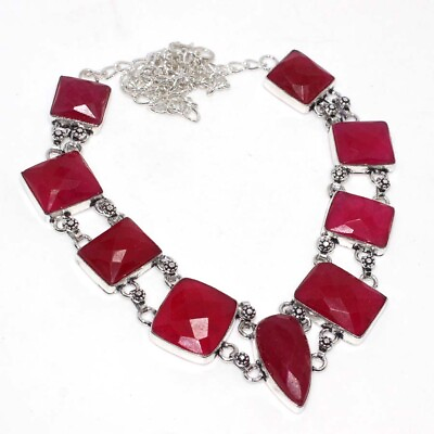 #ad 925 Silver Plated Simulated Ruby Ethnic Gemstone Necklace Jewelry 22quot; JW $9.99