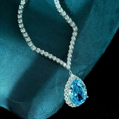 #ad Gorgeous Tennis Necklace 17CT Pear Cut Blue Topaz amp; CZ 925 White Sterling Silver $223.99