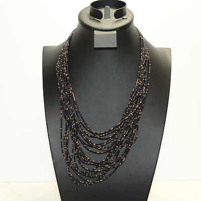 #ad Black Gold Glass Seed Bead Multi Strand Elegant Boho Necklace $15.74
