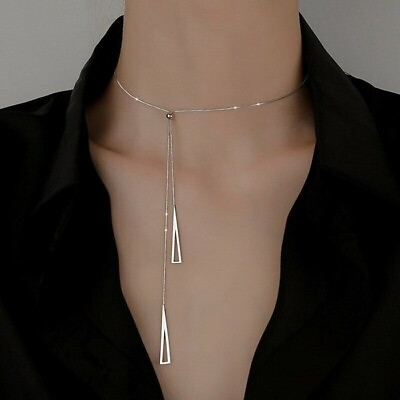 #ad Silver Triangle Tassel Necklace Choker Clavicle Pendant Women Chain Jewelry $14.99