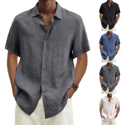 #ad Men Linen Style Short Sleeve Shirts Beach Casual Button Down Formal Dress Shirt $15.99