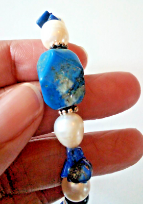 #ad Lapis Lazuli amp; Pearl Bead Sterling Silver Bracelet Jewelry $18.77