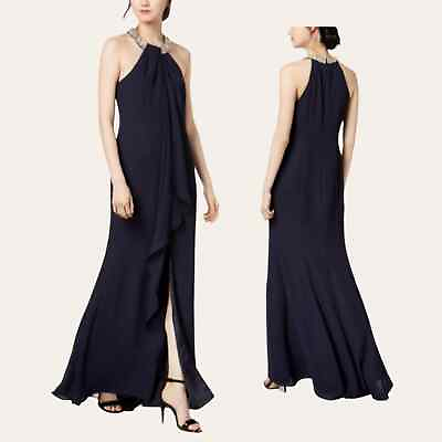 #ad NWT Calvin Klein Women#x27;s Front Drape Slit Gold White Beaded Neck Gown 2 $70.00
