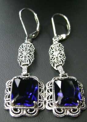 #ad Sapphire Earrings Sterling Silver Festoon Victorian Jewelry Custom Made $69.00