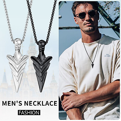 #ad Mens Stainless Steel Black Necklace Arrowhead All light Arrow Pendant Chain $12.99