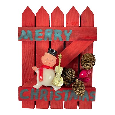 #ad Merry Christmas Magnet Handmade Red Picket Fence Celluloid Boy Violin MCM $7.98