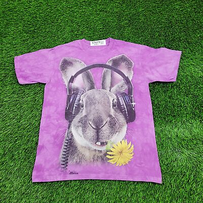 #ad Quirky DJ Bunny Rabbit Art Shirt Womens M Short 19x24 Purple White Playful USA $13.88