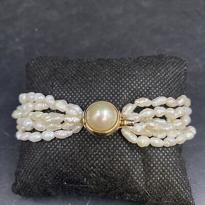 #ad Vintage Fresh Water Seed Pearl 6 Multistrand Bracelet Faux Pendant Clasp 8quot; MCM $26.99