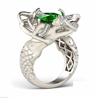 #ad Cushion 2.5 Ct Emerald amp; Diamond Solid 925 Sterling Silver Mermaid Designed Ring $93.81