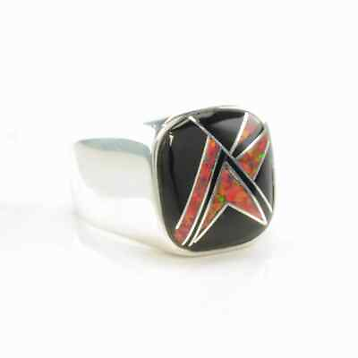 #ad Vintage Southwest Silver Ring Onyx Fire Lab Opal Inlay Sterling Size 10 1 2 $195.00