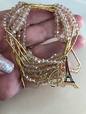 #ad Set Of Seven Crystal Gold Stretch Bracelets Money Paris Flower Part Star New $11.30