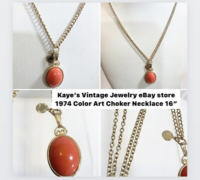 #ad Vintage 1974 Color Art Orange Resin Choker Necklace 16” 15mm x 23mm Pendant $10.00