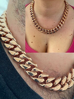 #ad Miami Cuban Link Men#x27;s Ladies Choker Chain Rose Gold Over Stainless Steel 18mm $76.94