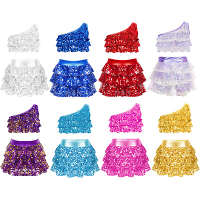 #ad Girls Shiny Sequin Crop Top with Mini Skirt Latin Jazz Salsa Rumba Dance Costume $9.27
