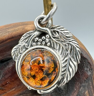 #ad Sterling Silver 926 Amber pendant Silver leaves amp; Berries Great Detail $39.50