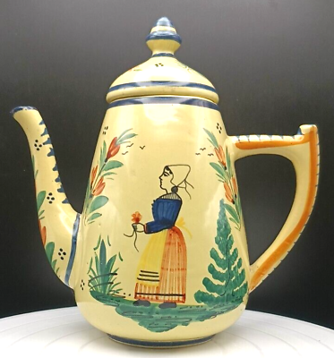 #ad FRENCH POTTERY HB QUIMPER FAIANCE TEAPOT 9.5quot; MODEL 69 Z HAND PAINTED c1925 v g $118.90