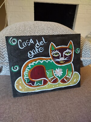 #ad Casa del Gato Cat Acrylic Ok Flat Canvas Painting $20.99