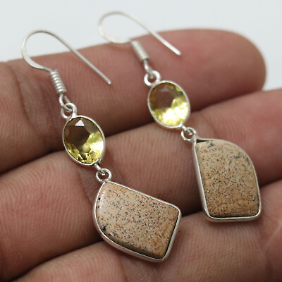 #ad Q8985 Picture Jasper Sterling Silver Plated Earrings 1.8quot; Gemstone Jewelry $3.67