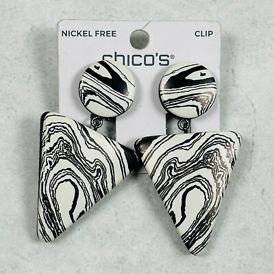 #ad Chicos Earrings White Black Swirl Geometric Dangle Clip On 2.5quot; Jewelry NWT $18.95