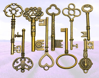 #ad Hot 9pcs Keys BIG Large Antique Vintage Brass Skeleton Lot Cabinet Barrel Lock $5.99