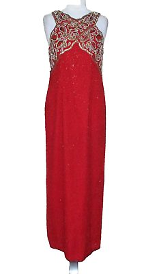 #ad Vintage Laurence Kazar Maxi Dress Evening Gown XXL Women Red Beaded Silk $89.99