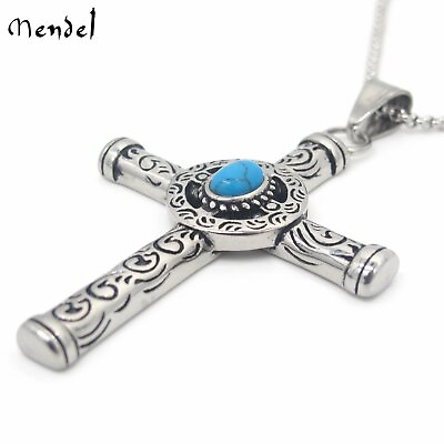 #ad MENDEL Mens Celtic Norse Turquoise Cross Stainless Steel Necklace Gothic Pendant $11.99