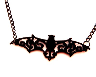 #ad BLACK FILIGREE VAMPIRE BAT NECKLACE chain pendant damask halloween gothic C3 $7.99