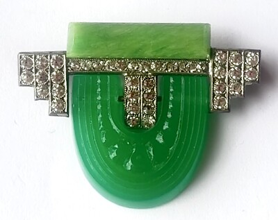 #ad VTG 1930’s CZECH Art Deco Carved Green Chrysoprase amp; ART GLASS PASTE BROOCH $235.00