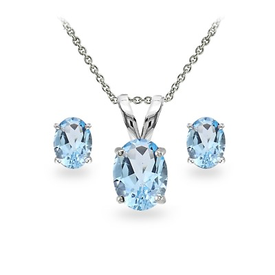 #ad Sterling Silver Blue Topaz Oval cut Solitaire Necklace and Stud Earrings Set $24.99