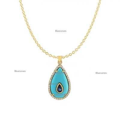 #ad 20mm Turquoise amp; Sapphire Diamond Halo Pear Drop Pendant Chain Necklace 14k Gold $973.70