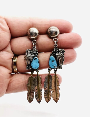 #ad Long Sterling Silver Turquoise Drop Dangle Earrings 11.9gm Vintage Jewelry $88.50