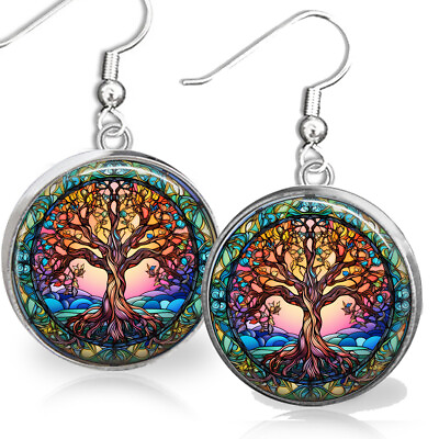 #ad Rainbow Faux Stained Glass Tree of Life Earrings Celtic Symbol of Balance Dangle $12.95