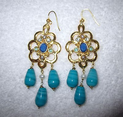 #ad New Yosca Blue Chandelier Earrings Gold Plated Crystal Pearl Signed Cabochon $74.99
