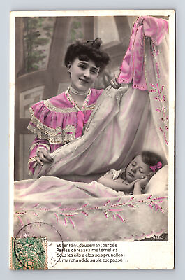 #ad c1907 RPPC French Hand Colored Mother Daughter Sleep Sandman Poem Postcard $8.36