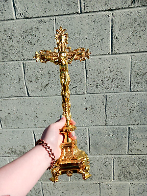 #ad High Polished Church Brass Ornate Standing Scrollwork Altar Crucifix 16.25 In $189.99