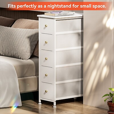 #ad Narrow Dresser Storage Tower with 5 Drawers Wood Top Golden Knobs White $69.99