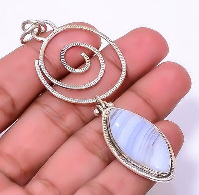 #ad Natural Lace Agate Gemstone Blue Pendant 925 Solid Sterling Silver Jewelry 3quot; $16.79