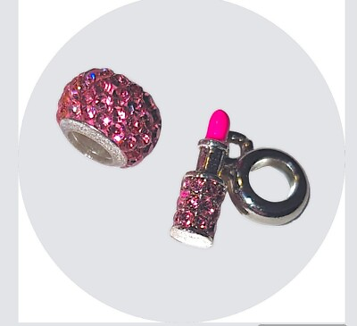 #ad Pandora Size Charm Dangle amp; Crystal Bead Lipstick Makeup Lips Silver 925💄👄 USA $12.99