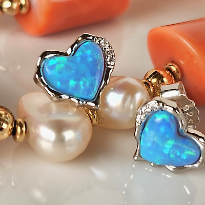 #ad Natural Blue Opal Heart DC Stud Earrings Real Solid 925 Sterling Silver $39.90