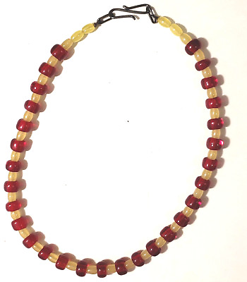 #ad Vintage Pony Bead Necklace Yellow Vaseline Glass amp; Red Beads.Sterling hook Clasp $143.61