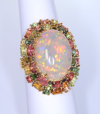 #ad Genuine fire opal genuine multicolor tourmaline ring sterling silver 14k gold $359.00