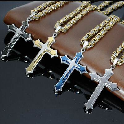#ad Mens 6mm Stainless Steel Cross Pendant Gold Silver Necklace Byzantine Chain $12.34