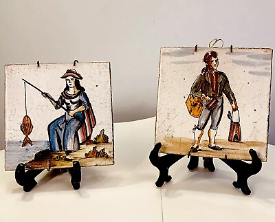 #ad Set 2 Vintage European Faience Ceramic Tiles Soldier amp; Woman Fishing 6 By 6 $42.50