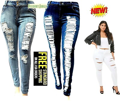 #ad Jack David Womens Plus Size Blue Denim Jeans Stretch Skinny Ripped Distressed $28.99