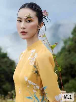 #ad Ao Dai Vietnam SIZE M Yellow Flower silk Vietnamese#x27;s Traditional $55.00