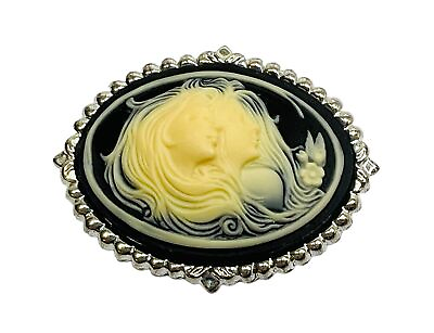 #ad Vintage Brooch Oval Faux Cameo Silver Tone Black Cream Pin Estate Jewelry $14.00